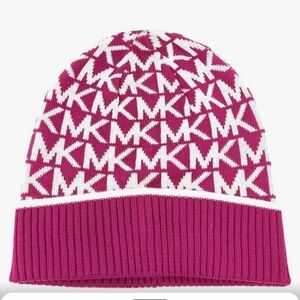 MICHAEL Kors Women's Pink & White Bordered MK Logo Cuff Beanie Hat